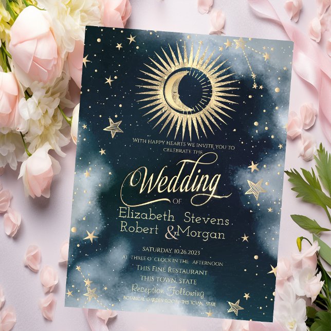 Celestial Gold Sun,Moon,Stars Night Sky Invitation (Creator Uploaded)