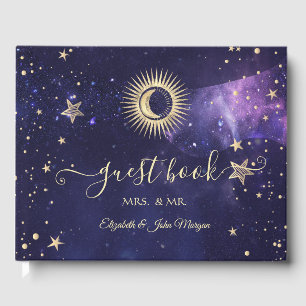 Celestial Gold Sun,Moon,Stars Purple Guest Book