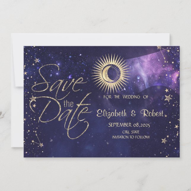 Celestial Gold Sun,Moon,Stars Purple Save The Date (Front)