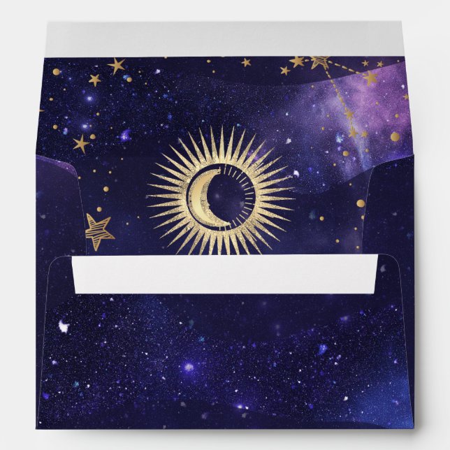 Celestial Gold Sun,Moon,Stars Purple Watercolor  Envelope (Back (Bottom))