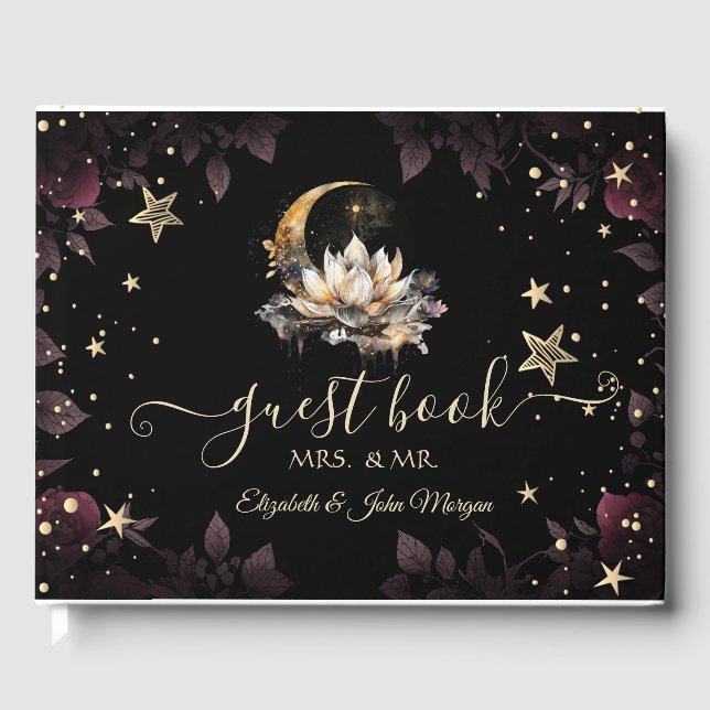 Celestial Gold Sun,Moon,Stars Roses Night Sky  Guest Book (Front)