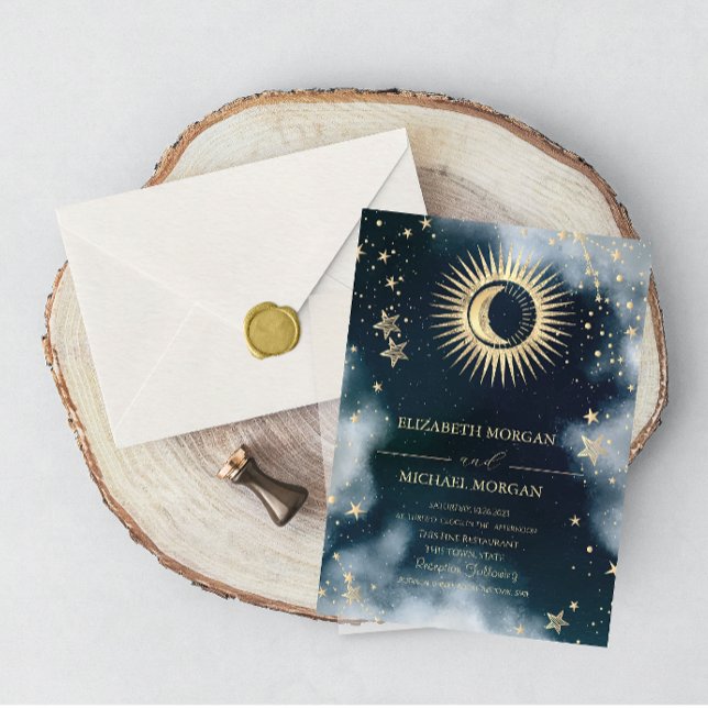 Celestial Gold Sun,Moon,Stars Sky Wedding  Invitation (Creator Uploaded)