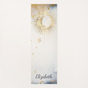 Celestial Gold Sun,Moon,Stars Watercolor Yoga Mat
