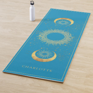 Celestial Gold Sun Moon Turquoise Yoga Mat