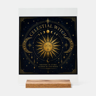 Celestial Gold Sunburst Moon & Stars Spiritual Acrylic Sign