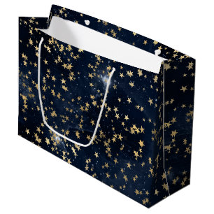 Celestial Golden Stars on Navy Galaxy Background Large Gift Bag
