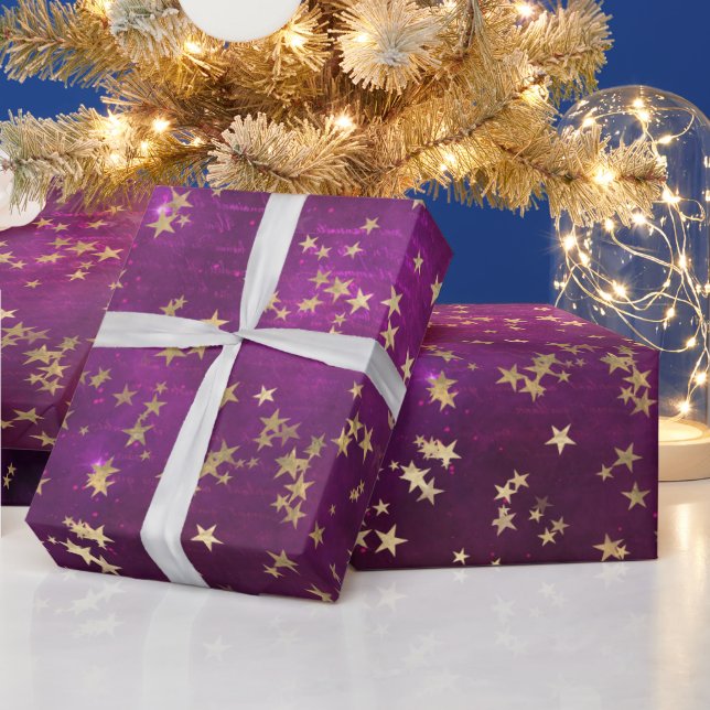 Celestial Golden Stars on Pink Galaxy Background Wrapping Paper (Holidays)