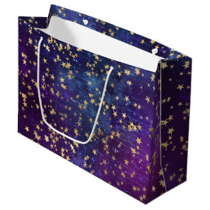 Celestial Golden Stars on Purple Galaxy Background Large Gift Bag