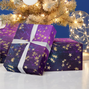 Celestial Golden Stars on Purple Galaxy Background Wrapping Paper
