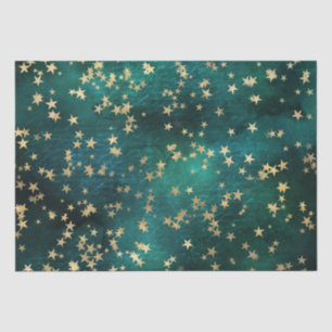Celestial Golden Stars on Teal Galaxy Background Tissue Paper