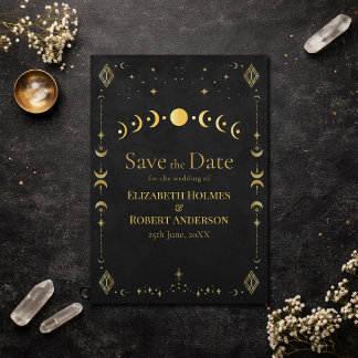 Celestial Gothic Black and Gold Save the Date Card