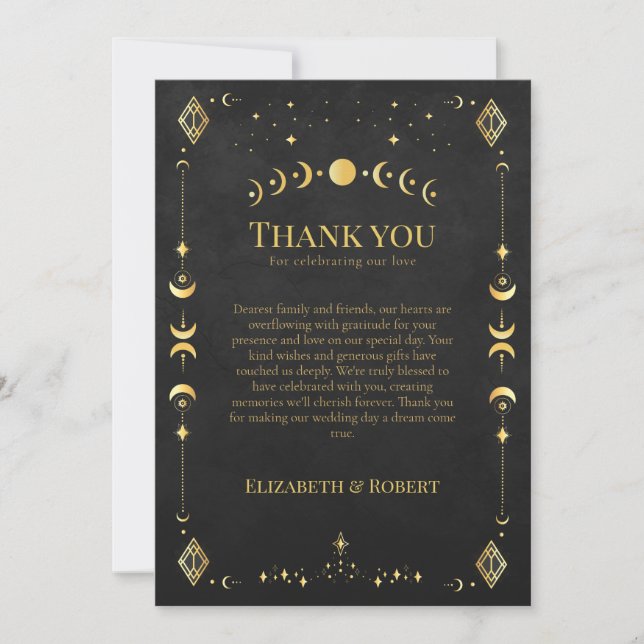 Celestial Gothic Black and Gold Wedding Thank You  Card (Front)