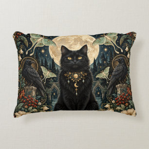 Celestial Gothic Black Cat with Moon and Ravens Accent Pillow