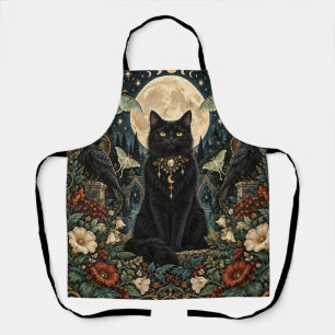 Celestial Gothic Black Cat with Moon and Ravens. Apron