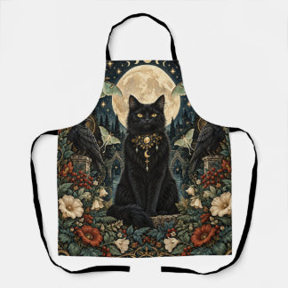Celestial Gothic Black Cat with Moon and Ravens. Apron