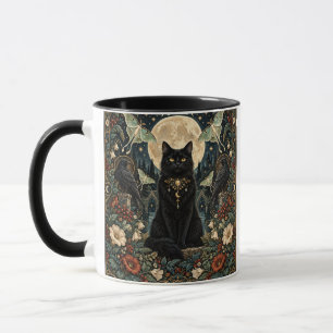 Celestial Gothic Black Cat with Moon and Ravens. Mug