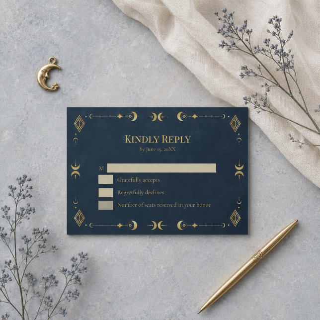 Celestial Gothic Midnight Blue Gold Wedding RSVP Card (Celestial Gothic Midnight Blue Gold Wedding RSVP Card)