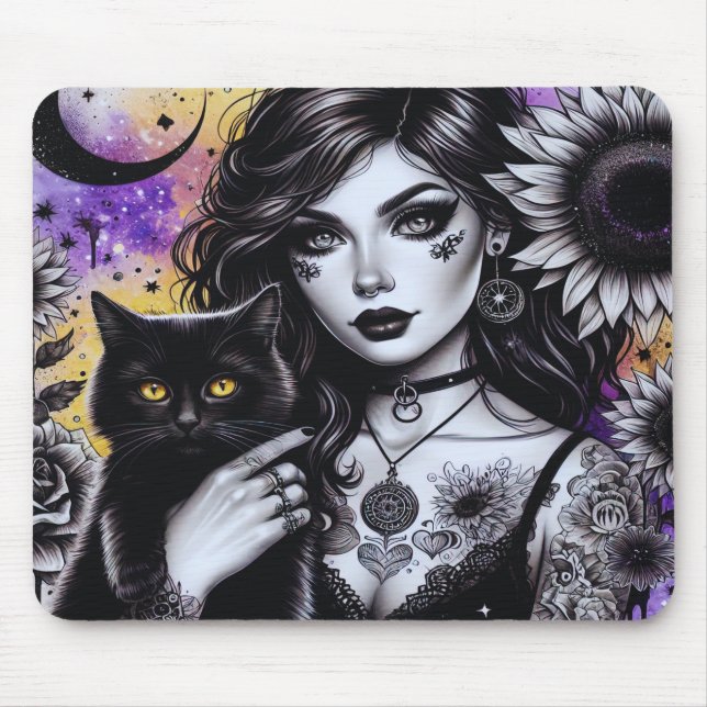 Celestial Gothic Witch and Black Cat Mouse Pad (Front)