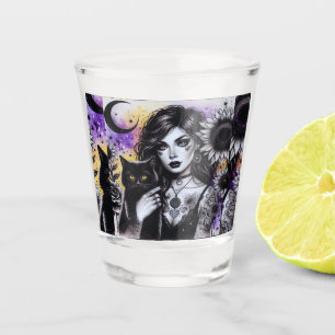 Celestial Gothic Witch and Black Cat Shot Glass