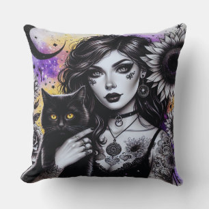 Celestial Gothic Witch and Black Cat Throw Pillow