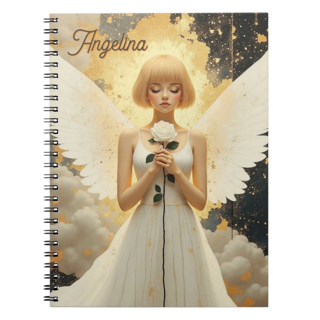 Celestial Grace Pretty Angel and Rose Personalized Notebook (Front)