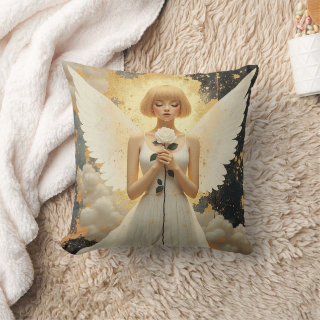 Celestial Grace | Pretty Angel and Rose  Throw Pillow (Blanket)