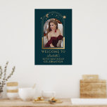 Celestial Green Gold 30th Birthday Welcome Poster<br><div class="desc">Celestial Green Gold 30th Birthday Welcome Poster features an elegant gold sun, moon and stars frame on a forest green background. Inside is your favourite photo and below your birthday welcome sign information. Personalize by editing the text in the text boxes and adding your favourite photo. Designed for you by...</div>