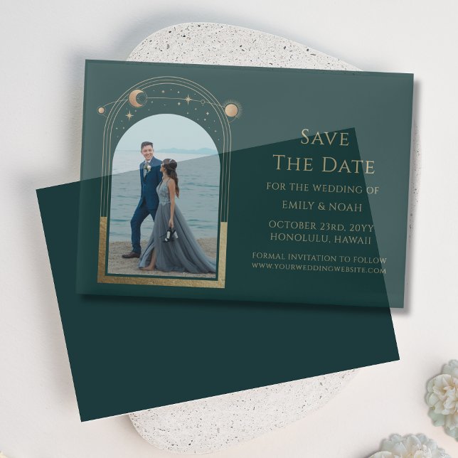 Celestial Green Gold Photo Wedding Save The Date Vellum Invitations (Creator Uploaded)