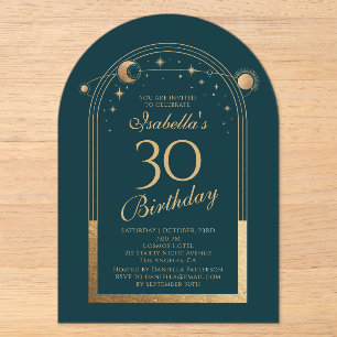 Celestial Green Gold Sun Moon Stars 30th Birthday Acrylic Invitations