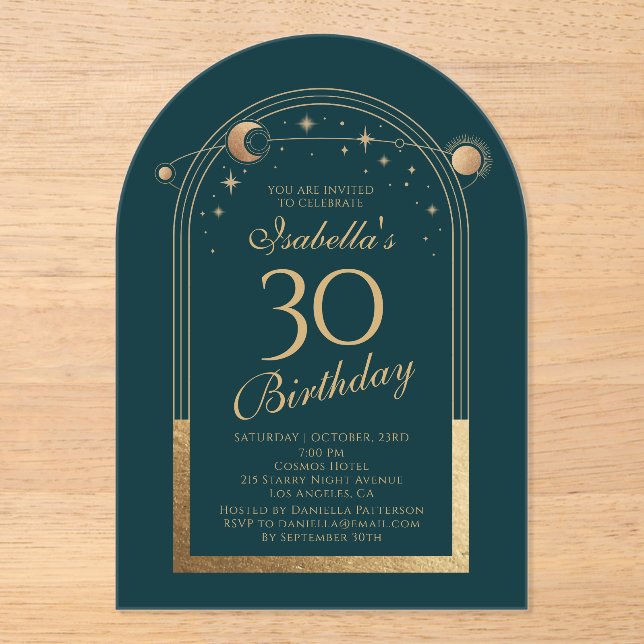 Celestial Green Gold Sun Moon Stars 30th Birthday Acrylic Invitations (Front)