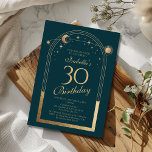 Celestial Green Gold Sun Moon Stars 30th Birthday Invitation<br><div class="desc">Celestial Green Gold Sun Moon Astronomy 30th Birthday Invitations features an elegant gold sun,  moon and stars with a golden frame on a forest green background. Inside is your custom thirtieth birthday invitation information. Personalize by editing the text in the text boxes. Designed for you by Evco Studio www.zazzle.com/store/evcostudio</div>