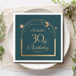 Celestial Green Gold Sun Moon Stars 30th Birthday Napkin<br><div class="desc">Celestial Green Gold Sun Moon Astronomy 30th Birthday Paper Napkins features an elegant gold sun,  moon and stars with a golden frame on a green background. Inside is your custom thirtieth birthday information. Personalize by editing the text in the text boxes. Designed for you by Evco Studio www.zazzle.com/store/evcostudio</div>