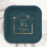 Celestial Green Gold Sun Moon Stars 30th Birthday Paper Plate<br><div class="desc">Celestial Green Gold Sun Moon Astronomy 30th Birthday Paper Plates features an elegant gold sun,  moon and stars with a golden frame on a green background. Inside is your custom thirtieth birthday information. Personalize by editing the text in the text boxes. Designed for you by Evco Studio www.zazzle.com/store/evcostudio</div>