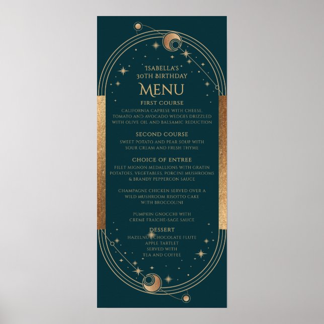 Celestial Green Gold Sun Moon Stars 30th Birthday Poster (Front)