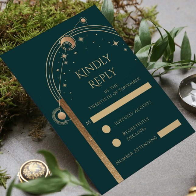 Celestial Green Gold Sun Moon Stars Wedding RSVP Card (Creator Uploaded)