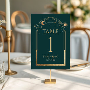 Celestial Green Gold Sun Moon Stars Wedding Table Number