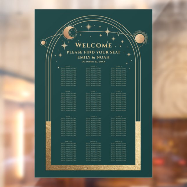 Celestial Green Gold Wedding Seating Chart Window Cling (Sheet 2)