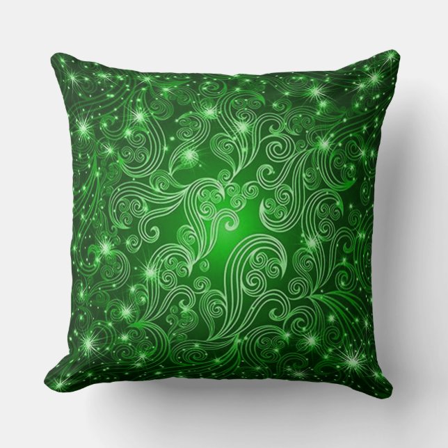 Celestial Green Swirls & Stars Throw Pillow (Front)
