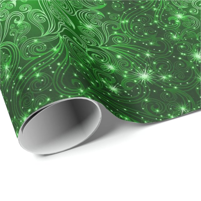 Celestial Green Swirls & Stars Wrapping Paper (Roll Corner)