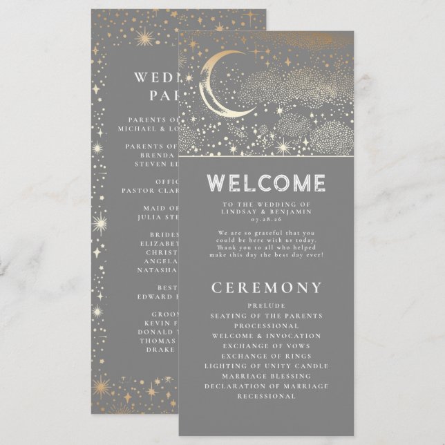 Celestial Grey and Gold Wedding Programs (Front/Back)