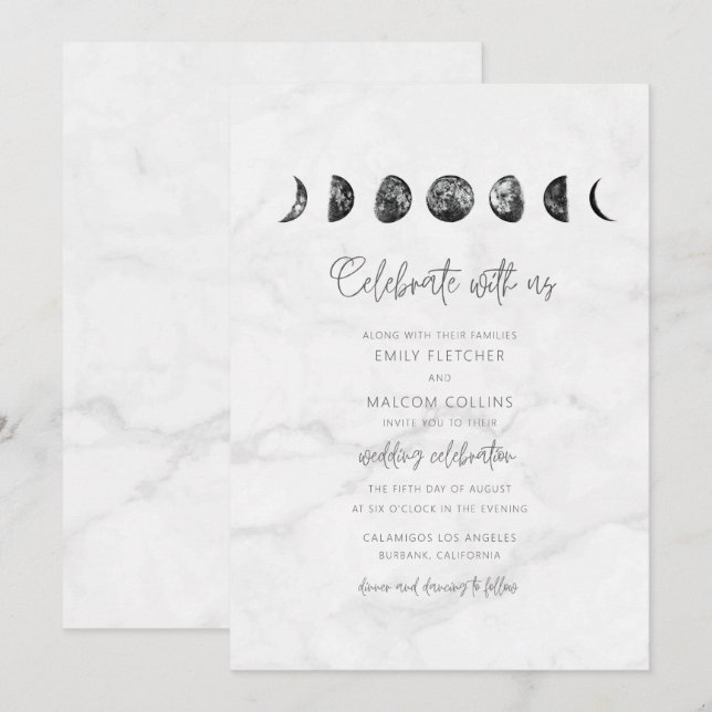 Celestial Grey Marble Moon Phases Wedding Invitation (Front/Back)