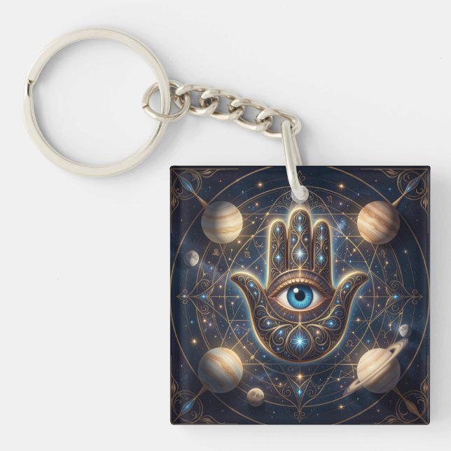 Celestial Hamsa Hand & Evil Eye Cosmic Protection  Keychain (Front)