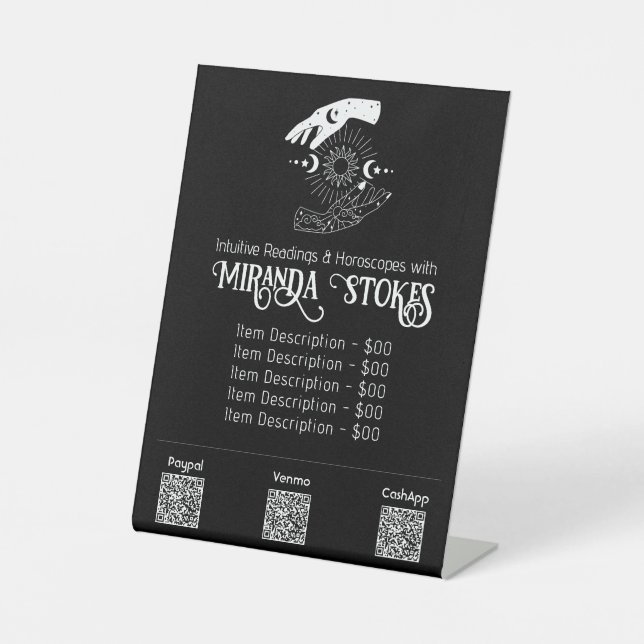 Celestial Hands Sun & Moon Tarot Reader Price List Pedestal Sign (Front)