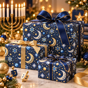 Celestial Hanukkah Night Sky Gold Stars  Wrapping Paper