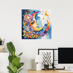 Celestial Harmony: Moon-Face Sun & Floral Square Poster