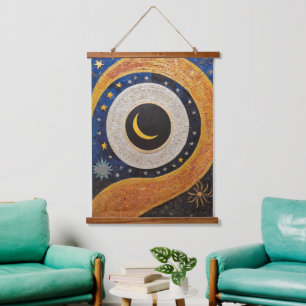 Celestial Harmony Mosaic Sun Moon Stars Hanging Tapestry