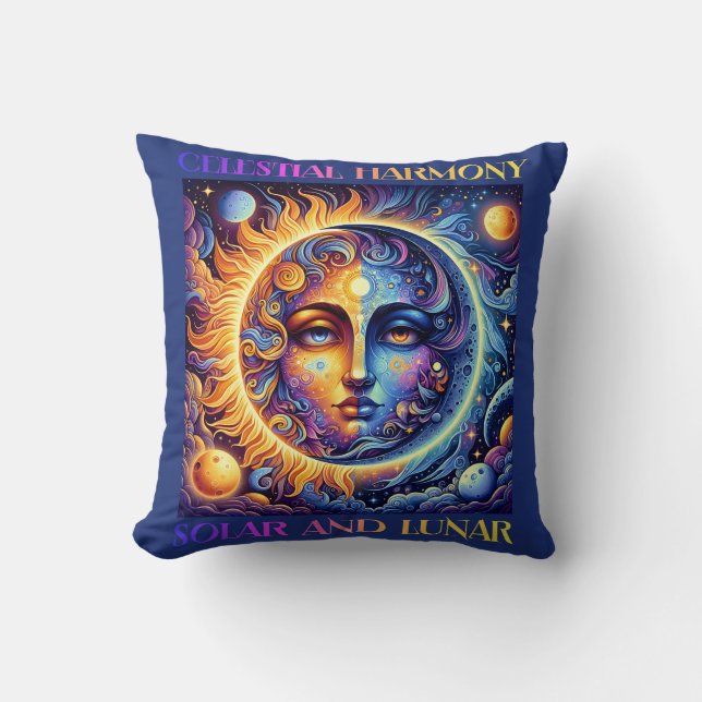 Celestial Harmony Sun and Moon, Astrology Throw Pillow (Front)