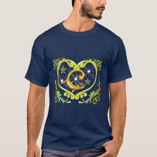 Celestial Heart & Moon Graphic T-Shirt - Gold & Na