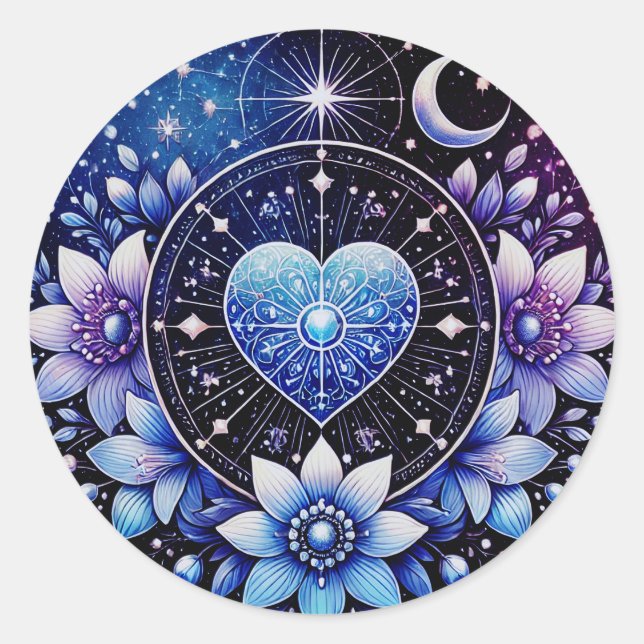 Celestial Heart Sticker with Mystical Flowers (Front)