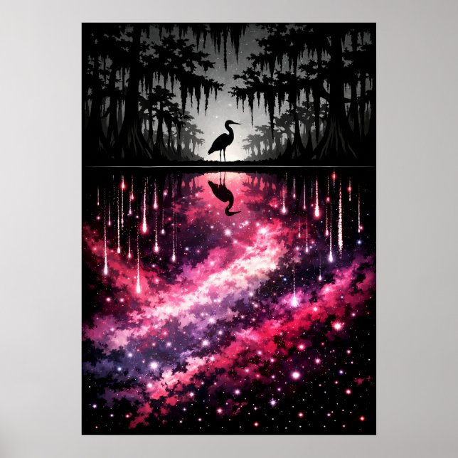 Celestial Heron Swamp Reflection Art Poster (Front)